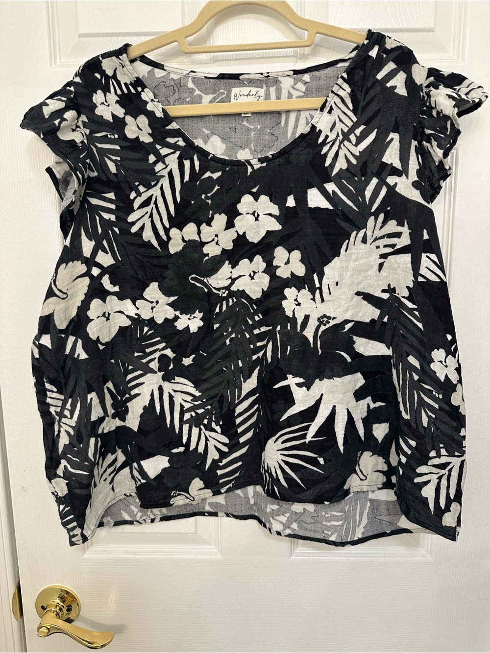 Wonderly Black White Tropical Floral Flutter Sleeve Cotton Top XXL Smocked